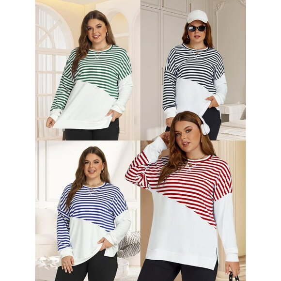 Plus Size Sweatshirts Women Long Sleeve Colorblock Side Split Casual - Picture 5 of 5